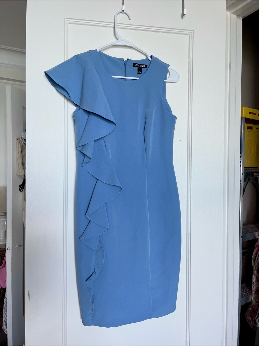 T Tahari Dusty Blue One-Shoulder Ruffle Sheath Dress